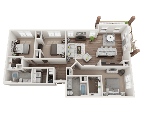 Floor plan for 3 beds, 2 baths, 1363 sqft